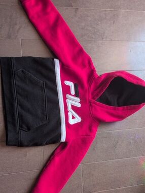 Kids FILA Hooded Pullover in Bright Red & Black with White Trim